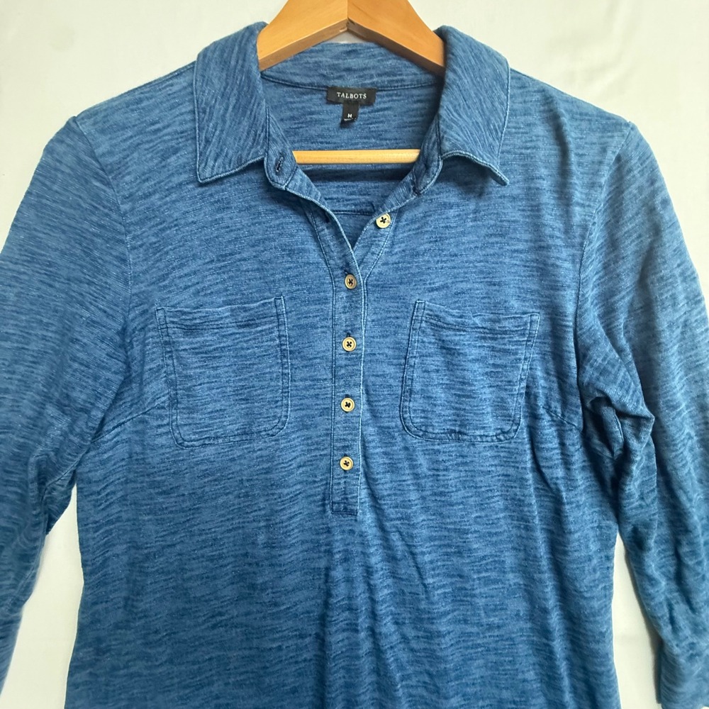 Talbots Shirt Dress Womens Medium Blue Slub Knit 100% Cotton 3/4 Sleeve Casual - Picture 4 of 9